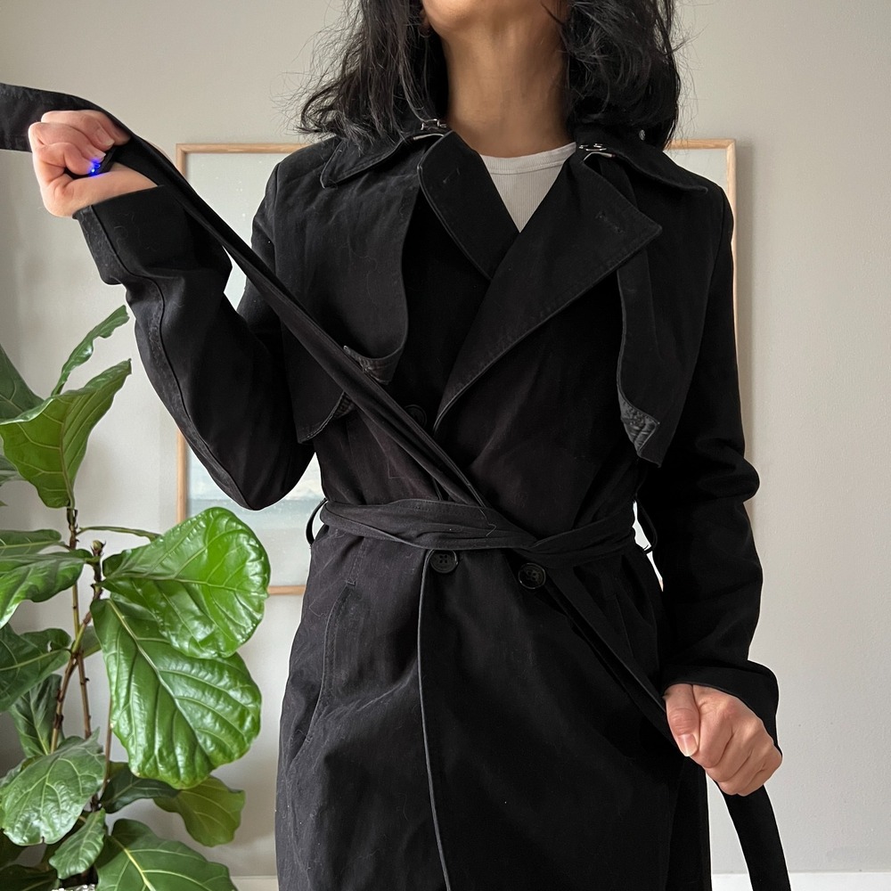 Superdry Women‎ Black Long Trench Coat US 8 Belted Cotton Blend Midi Length